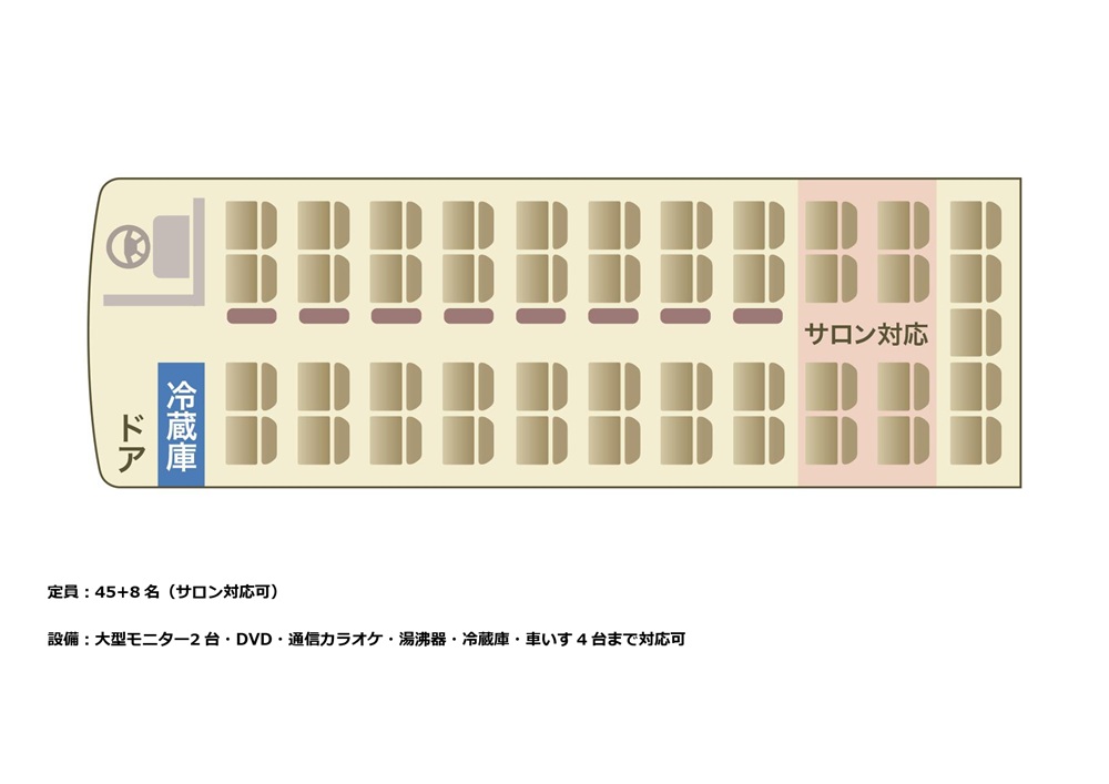 正座席45＋補助席8、サロンバスOK